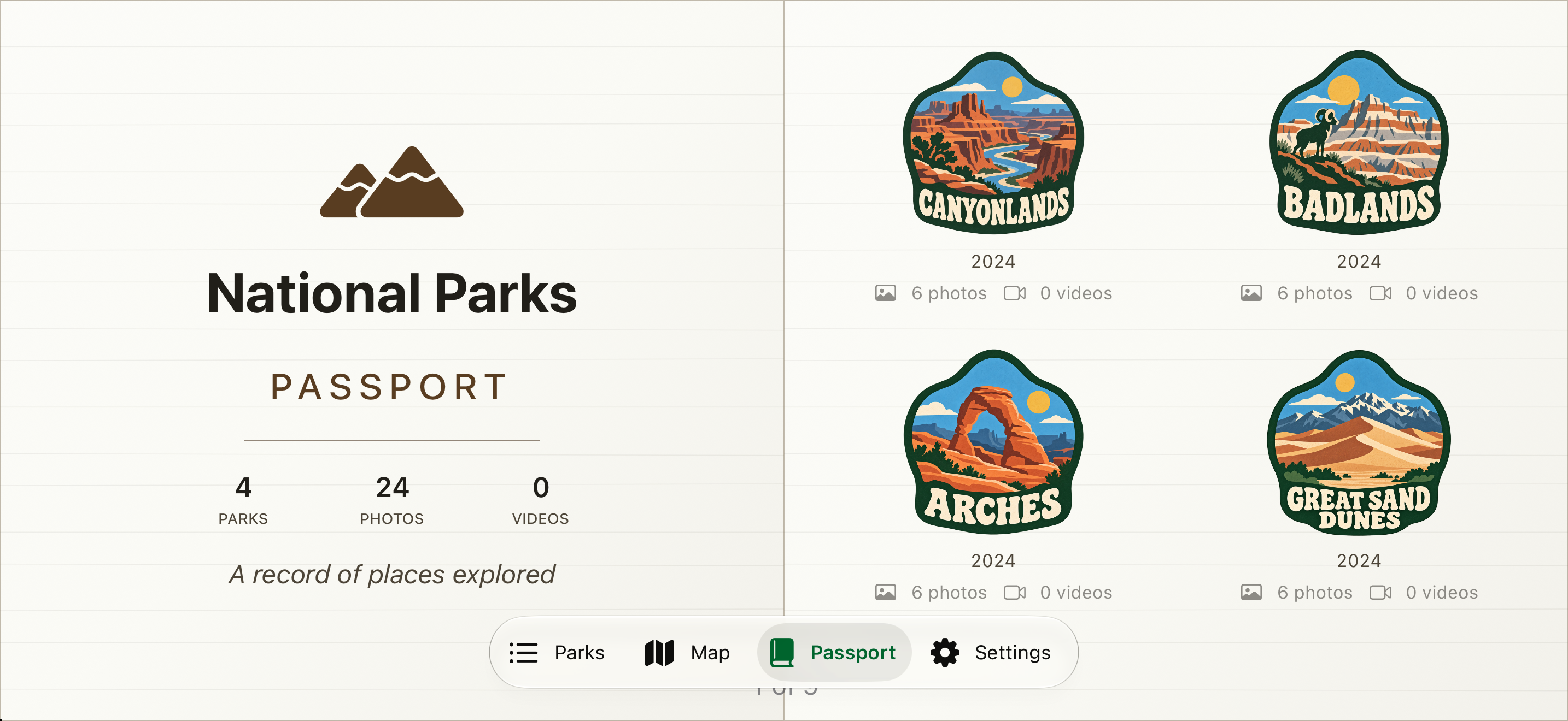 Landscape passport view with national park stamps